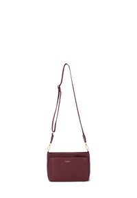 Borsa a tracolla in pelle bordeaux con tracolla regolabile e hardware color oro, dotata di una piccola tasca frontale e del logo "Dianasco Firenze".