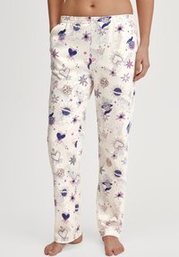 Katoenen pyjamabroek met een crèmekleurige achtergrond en kleurrijke patronen van harten, sterren en planeten in paarse en roze tinten. Elastische tailleband.