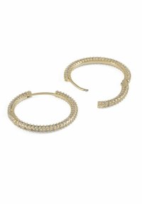 Guldögonringar med en texturerad band prydda med små klara rhinestones som accent. Behörigt lås för enkel påtagning.