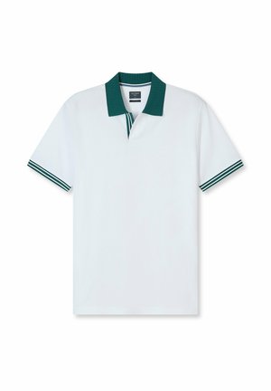 White short-sleeve polo shirt with dark green ribbed collar and sleeve cuffs featuring two white stripes on sleeves.