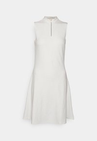 Ärmelloses weißes Kleid mit hohem Kragen und Vorderreißverschluss. A-Linie mit feiner Textur und glatter Oberfläche.