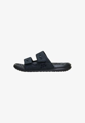 Sandalo nero a fascia con due cinturini regolabili in Velcro e suola interna testurizzata per comfort e presa.