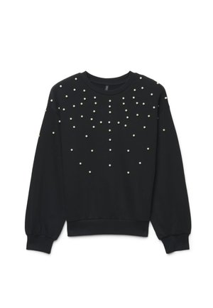 Sweat-shirt noir à manches longues avec encolure ronde, décoré de petites perles blanches dispersées sur le devant et le haut des manches.