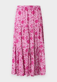 Μάξι φούστα με στρωματοποιημένο σχέδιο, με λευκή βάση και έντονο ροζ floral μοτίβο σε όλη την επιφάνεια.