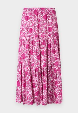 Μάξι φούστα με στρωματοποιημένο σχέδιο, με λευκή βάση και έντονο ροζ floral μοτίβο σε όλη την επιφάνεια.