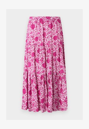Μάξι φούστα με στρωματοποιημένο σχέδιο, με λευκή βάση και έντονο ροζ floral μοτίβο σε όλη την επιφάνεια.
