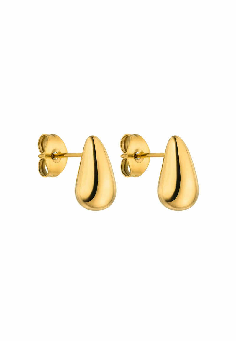 Goldfarbene Steckerohrringe mit einer tropfenförmigen Silhouette, die eine glatte Oberfläche und abgerundete Kanten aufweisen und auf einem runden Rückenteil montiert sind.