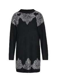 Zwarte lange mouw trui jurk met zilveren pailletten kantpatronen op de schouders, borst en zoom, met een geribbelde hoge hals.
