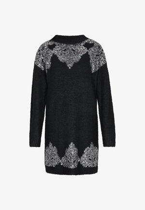 Černé dlouhé svatební šaty s krajkovými vzory ze stříbrných flitrů na ramenou, hrudi a lemu, s žebrovaným vysokým výstřihem.