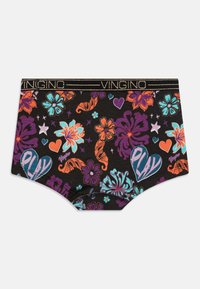 Sorte bomuldsunderbukser med farverige blomster- og hjerte-mønstre. Har en guldrandet talje med "Vingino" logo.