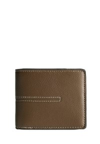 Brown textured leather wallet with white stitching detail on a white background, closed and displayed flat.