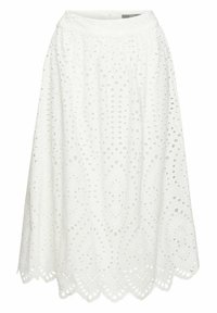 Jupe blanche jusqu'aux genoux avec motif en dentelle à œillets et ourlet festonné, dotée d'une taille froncée et de détails floraux découpés.