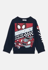 Felpa blu navy con una grafica rossa che rappresenta il volto di Spider-Man, il testo "SPIDEY E I SUOI AMICI" e un'illustrazione di un veicolo rosso.