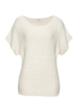 Cream-colored short-sleeve knitted sweater with a wide round neckline and a textured horizontal pattern.