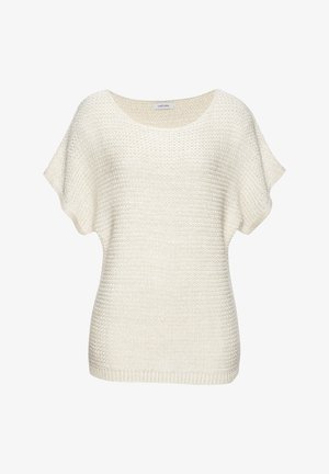 Cream-colored short-sleeve knitted sweater with a wide round neckline and a textured horizontal pattern.