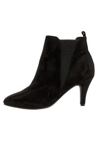 Schwarze Wildleder-Stiefelette mit spitzem Zehenbereich und blockartigem Absatz. Mit elastischen seitlichen Einsätzen und einer Zuglasche auf der Rückseite für ein einfaches An- und Ausziehen.