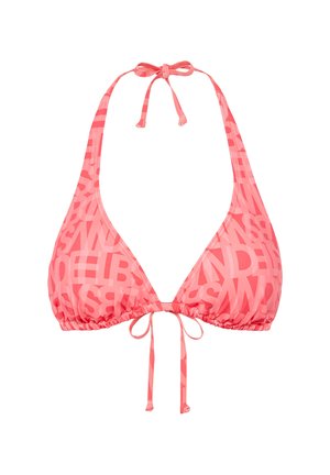 Pink bikini top with triangular cups, adjustable ties at the neck and back, features large lettering pattern, and gathered fabric for shaping.