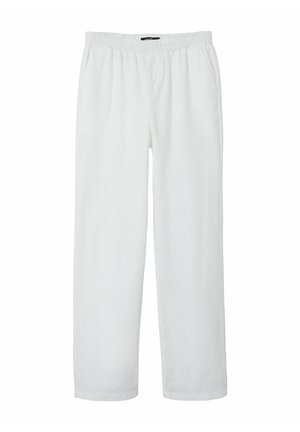 White elastic waist pants with straight legs and side pockets, displayed against a plain background.