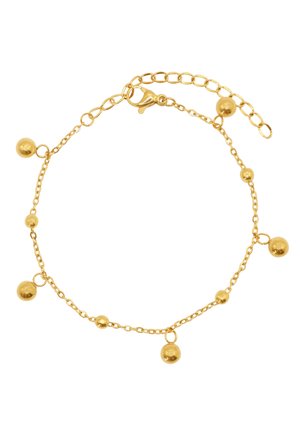 Goldener Kettenarmreif mit gleichmäßig platzierten runden Perlen. Abgeschlossen mit einem sicheren Verschluss und der Möglichkeit, die Länge durch Kettenglieder anzupassen.