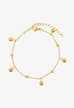 Goldener Kettenarmreif mit gleichmäßig platzierten runden Perlen. Abgeschlossen mit einem sicheren Verschluss und der Möglichkeit, die Länge durch Kettenglieder anzupassen.