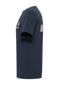 Navy blue cotton t-shirt with short sleeves, round neckline, and front graphic design. Side view shows straight cut and smooth texture.