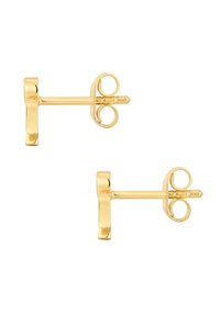 Gold-tone metal stud earrings with a smooth, shiny finish; features circular accents and a straight post for secure fastening.