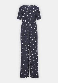 Navy jumpsuit with white polka dots, short sleeves, V-neck, button front, elastic waist, and wide-leg pants. Smooth fabric texture.