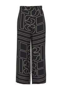 Black wide-leg trousers with a geometric cream pattern, featuring an elastic waistband and smooth textured fabric.