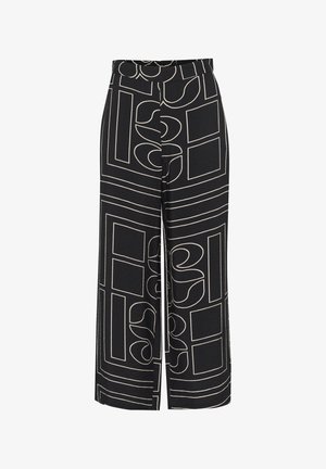 Black wide-leg trousers with a geometric cream pattern, featuring an elastic waistband and smooth textured fabric.