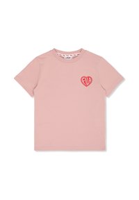 Ljusrosa bomulls t-shirt med korta ärmar, rund hals och en röd hj�ärtlogga med "FILA" i mitten på vänster sida.