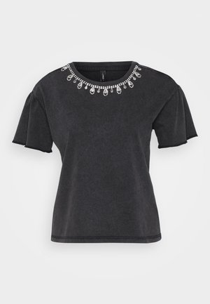 Black short-sleeve t-shirt with a round neckline, featuring a decorative beaded embellishment along the collar and a relaxed fit design.