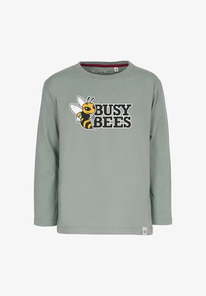 Long-sleeve shirt in muted green cotton featuring the text "BUSY BEES" in black, with a yellow and black bee graphic on the front.