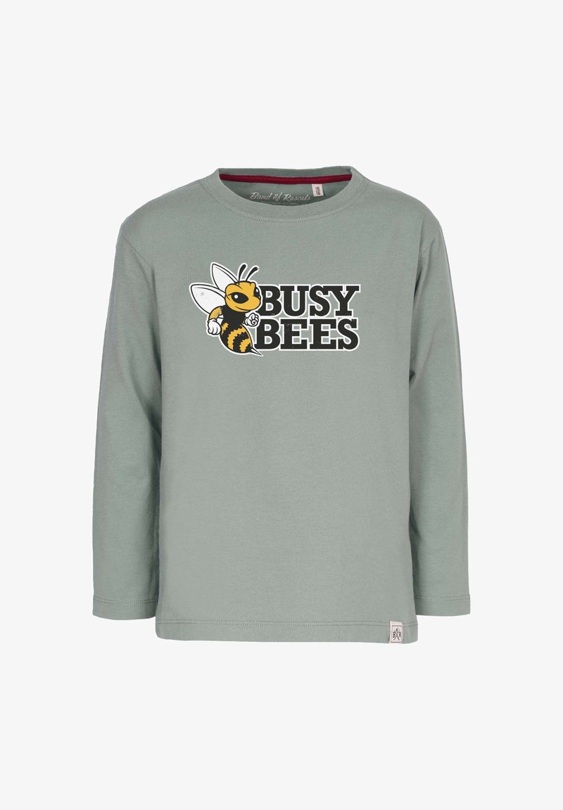 Long-sleeve shirt in muted green cotton featuring the text "BUSY BEES" in black, with a yellow and black bee graphic on the front.
