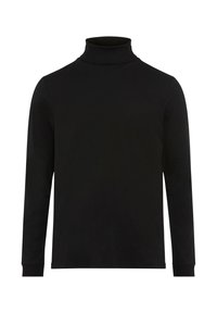 Zwarte longsleeve turtleneck shirt gemaakt van gladde stof, met een aansluitend ontwerp en minimale stikdetails.