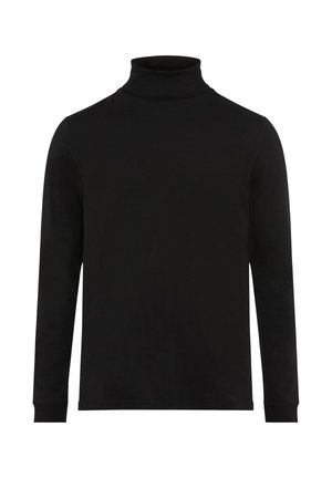 Schwarzes Langarm-Turtleneck-Shirt aus glattem Material, mit tailliertem Schnitt und minimalen Nähten.