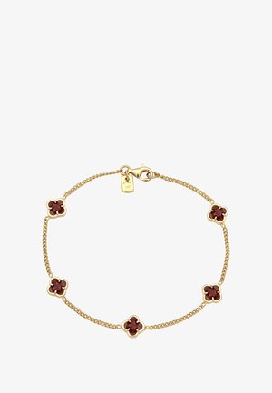 Goldene Armbandkette mit vier roten Blumenmotiven, die abwechselnd mit Gliedern angeordnet sind. Ein Karabinerhakenverschluss an einem Ende mit einem kleinen Anhänger.