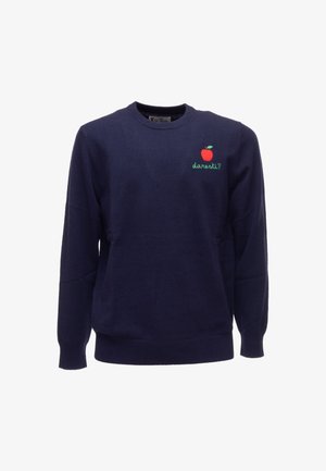 Maglione a maglia blu navy con maniche lunghe, scollatura a girocollo e una piccola grafica di una mela rossa con il testo verde "dares ti?" sul petto.