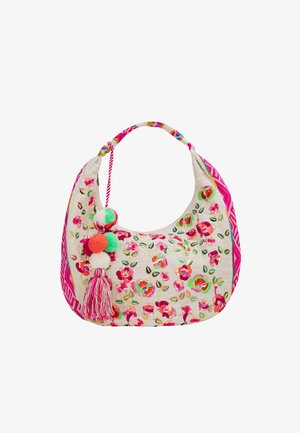 Borsa in tessuto ricamato multicolore a forma di hobo, con accenti rosa e decorazioni a pom-pom. Presenta un manico intrecciato e dettagli con frange.