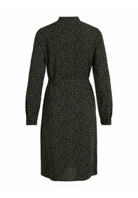 Černé midi šaty s dlouhým rukávem a vysokým výstřihem, s malými rozptýlenými multikolorovými abstraktními vzory, zobrazené zezadu.