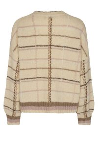 Maglione crema con un motivo a scacchi rosa e marrone. Realizzato in un morbido tessuto a maglia, presenta un collo rotondo e orlo a coste.