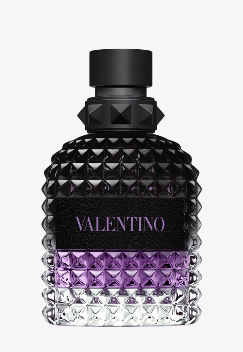 Black and purple studded glass perfume bottle with round black cap and "VALENTINO" text on front label.