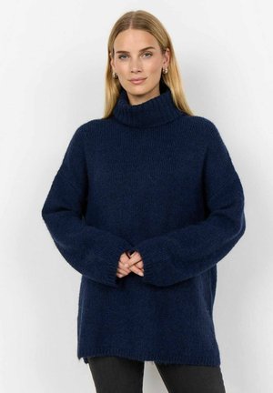 Námořnická modrá oversized roláková mikina z jemné pleteniny, s širokými rukávy a uvolněným střihem, s postranními rozparky na lemu.