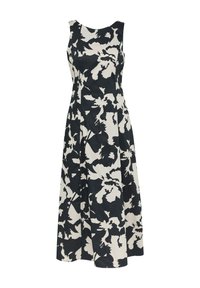 Ein ärmelloses Kleid mit Blumendruck. Hergestellt aus einem leichten Stoff, zeigt es marineblaue Blumen auf einem cremefarbenen Hintergrund.