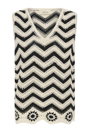 Haut sans manches en crochet crème et noir avec des rayures en zigzag et des motifs floraux le long de l'ourlet festonné, présentant un col en V.