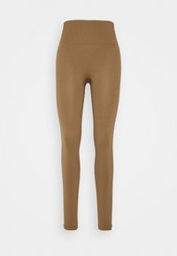 Leggings marroni a vita alta realizzati in un tessuto liscio e elastico, con un design aderente e taglio a lunghezza caviglia. Senza cuciture visibili.