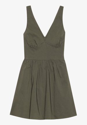 Olive green sleeveless dress with a V-neck, fitted bodice, and gathered waistline, featuring a flared skirt and smooth fabric texture.