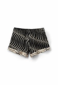 Zwarte shorts met een golfpatroon gevormd door crèmewitte stippen, met een gegolfde zoom. Gemaakt van lichtgewicht stof met een elastische tailleband.