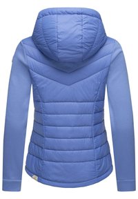 Light blue padded jacket with a hood, featuring chevron stitching on the upper back and smooth sleeves. Soft fabric and fitted design.