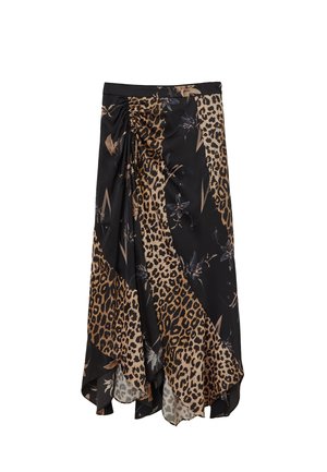 Asymmetrical wrap skirt in black fabric featuring leopard print and floral accents in beige and brown. Soft texture with a flowy design.