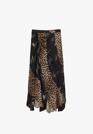 Asymmetrical wrap skirt in black fabric featuring leopard print and floral accents in beige and brown. Soft texture with a flowy design.
